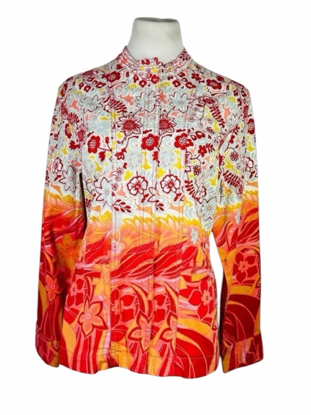 NWT Chico's Orange Floral Zip Jacket with Mandarin Collar - Size 2 (Large)